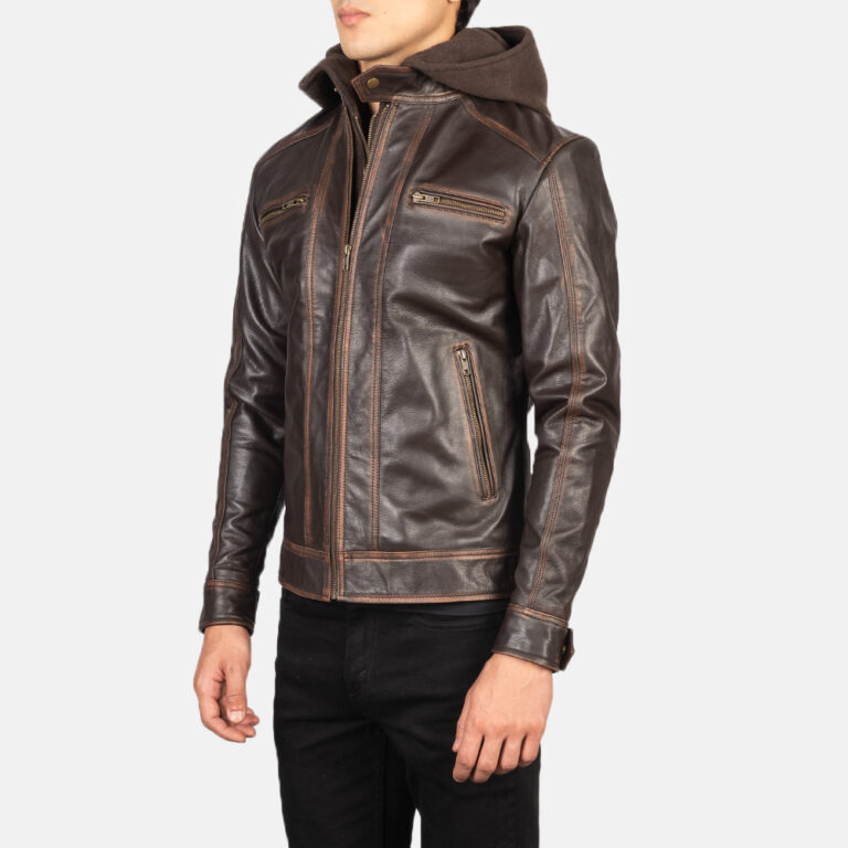 Mens Hector Vintage Brown Hooded Leather Biker Jacket Side Pose-3-1634133078130